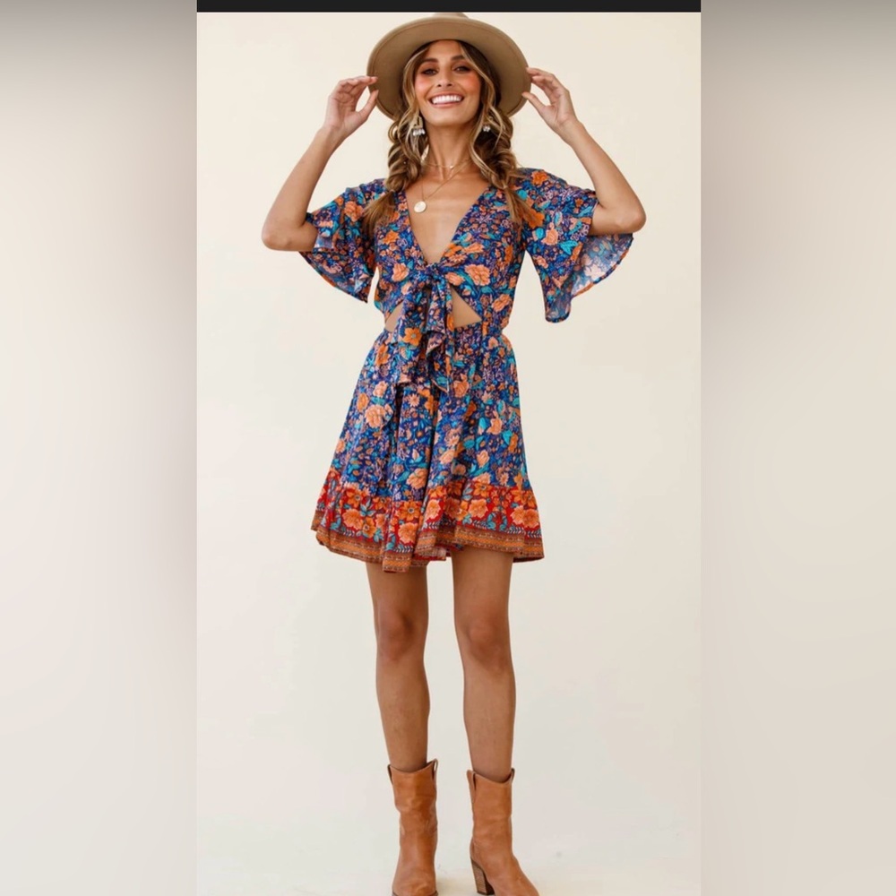 Floral Blue Tie-Front Mini Dress